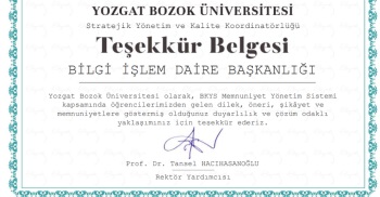 Stratejik Yönetim Kalite Koordinatörlüğünden Başkanlığımıza Teşekkür Belgesi