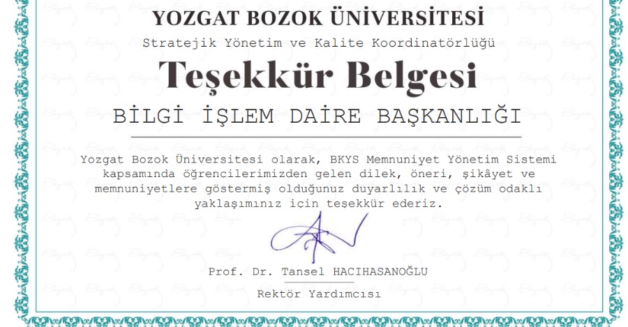 Stratejik Yönetim Kalite Koordinatörlüğünden Başkanlığımıza Teşekkür Belgesi
